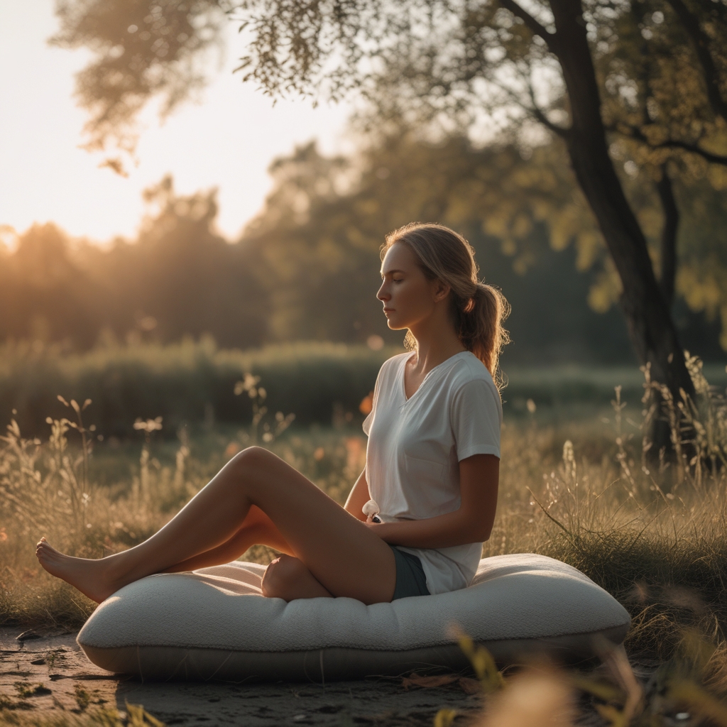 Osoba siedząca w spokojnej pozie medytacyjnej na kamiennej powierzchni w otoczeniu natury, delikatne bokeh w tle, ciepłe wieczorne światło