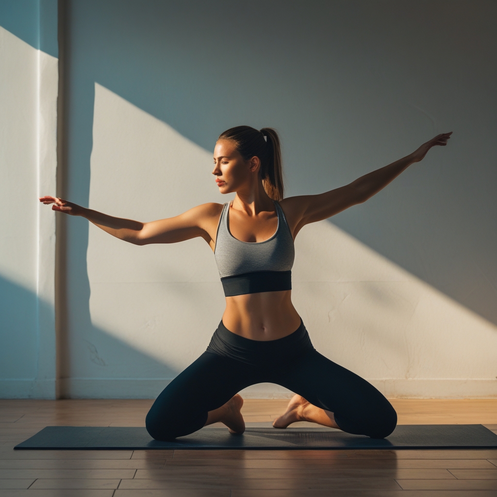 Osoba wykonująca ćwiczenie deski (plank) na jasnej macie w naturalnie oświetlonym studiu, statyczna pozycja podkreślająca napięcie całego ciała