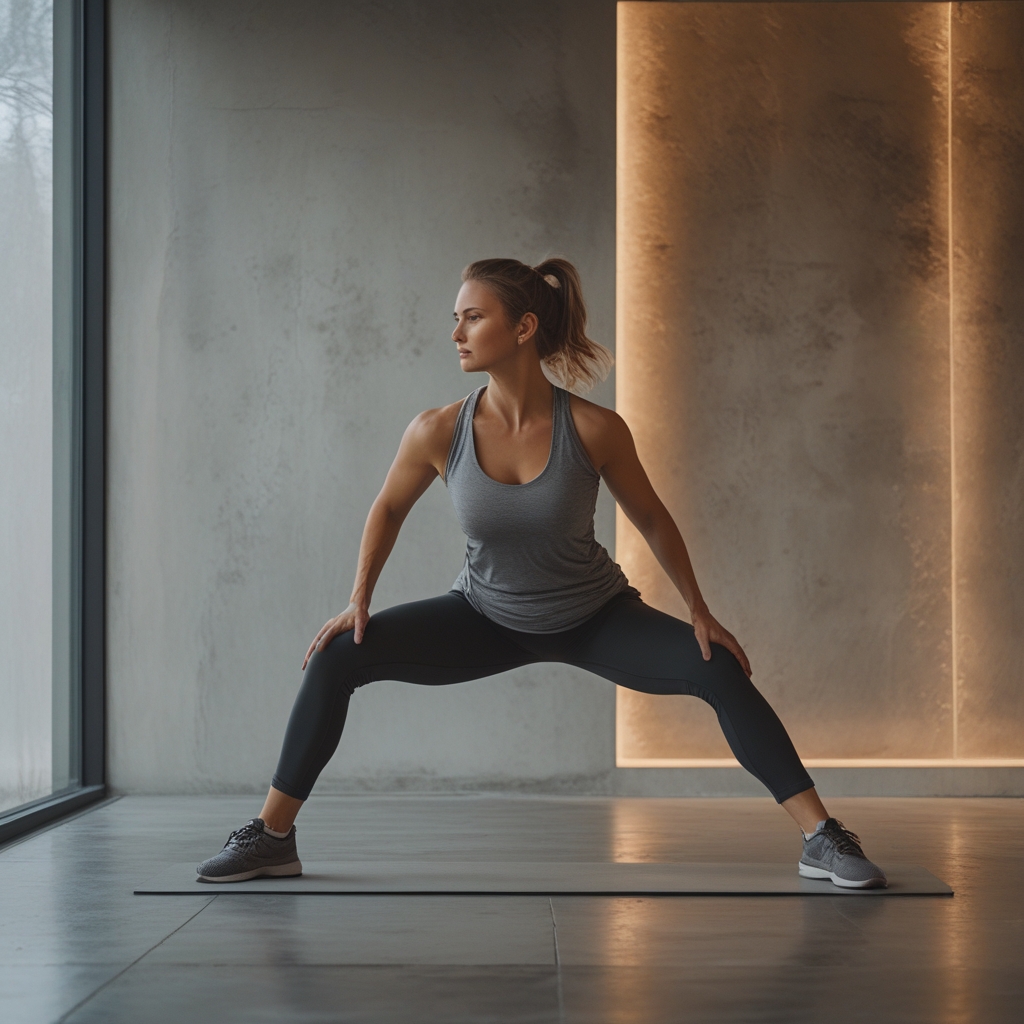 Osoba w pozycji głębokiego wyprostu pleców na macie do jogi w stonowanym studiu z drewnianą podłogą i ciepłym bocznym oświetleniem, spokojna atmosfera