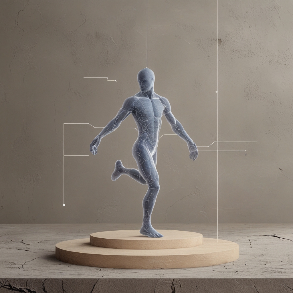 Abstrakcyjny schemat biomechaniki ruchu człowieka: uproszczone linie i węzły przedstawiające stawy i segmenty ciała na ciemnym tle, styl naukowego rysunku technicznego